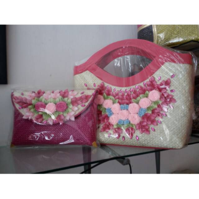 Djogja Klasik Tas Anyam Pandan Bunga Pink + Clutch Anyaman Pandan Bunga Full (TERSEDIA WARNA LAIN)