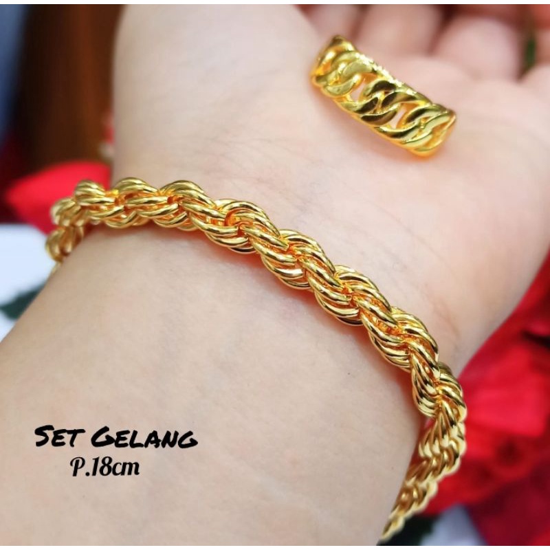 Gelang+Cincin Tambang elegan menawan logam emas Hongkong 24k perhiasan Anti Karat&amp;AntiLuntur