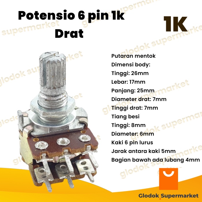Potensio 6 pin 1k Drat Stereo Kaki 3-3 Lurus Volume Mixer 102