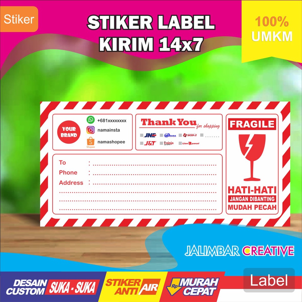 

Isi 100 - Stiker Label Pengiriman Onlineshop Olshop Custom Thank You Fragile Horizontal Ukuran 14 x 7 cm