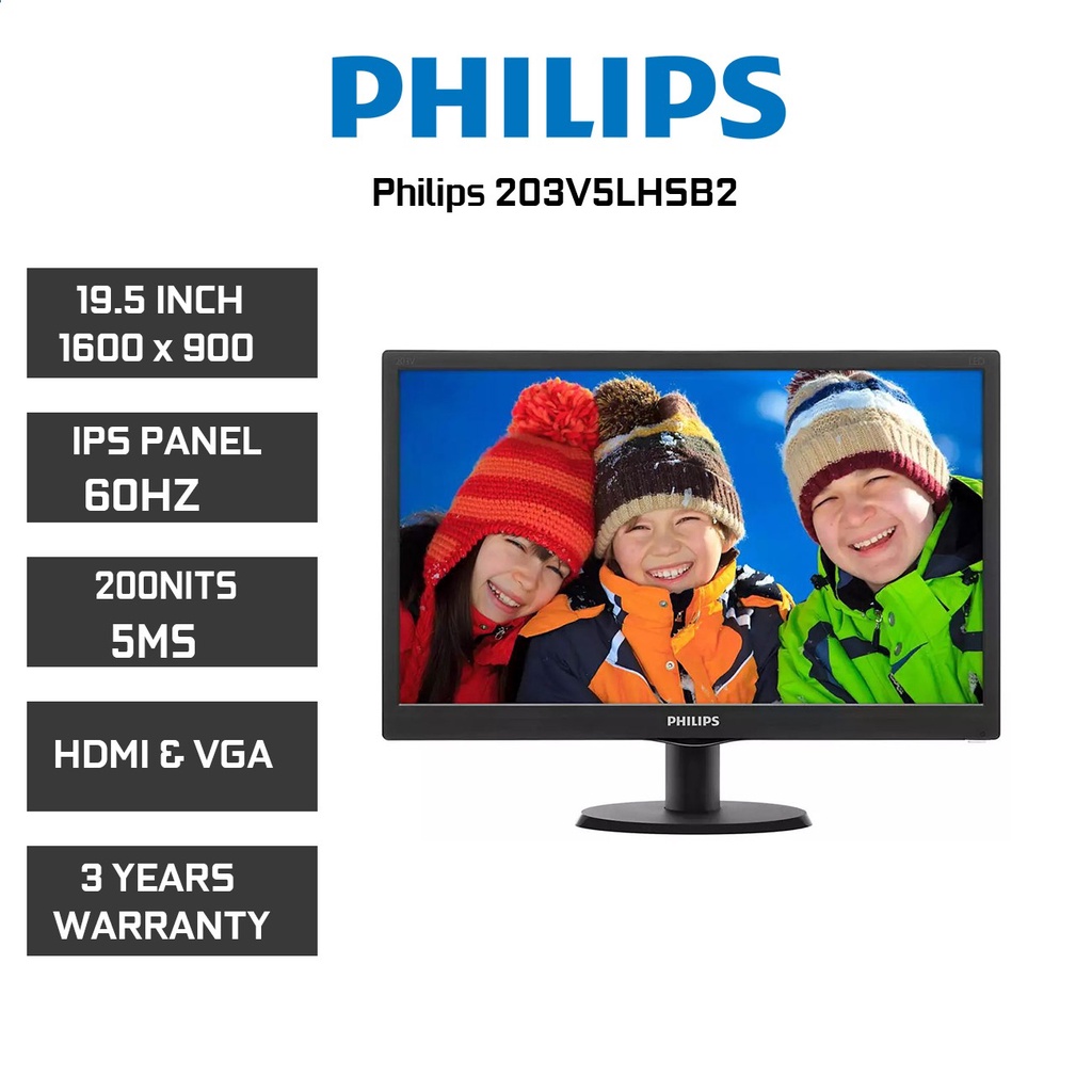 Led Monitor Philips 20 Inch 203V5LHSB2 HDMI - VGA FullHD Garansi Resmi