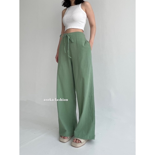 ASOKA Rachel Pants 2431 - Celana Highwaist Tali - Celana Linen Crinkle - Kulot Casual