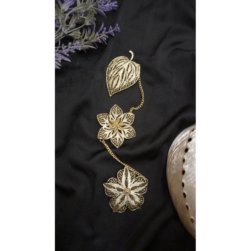 Bros peniti kebaya 3 susun motif flora handmade tembaga lapis emas/perak