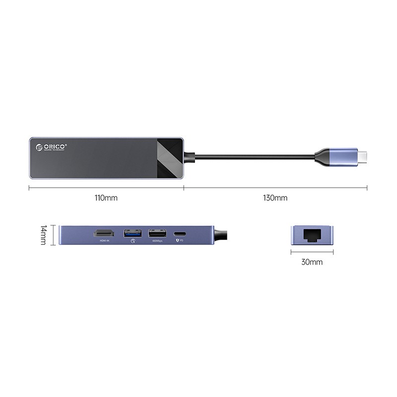 ORICO 5in1 Type C Hub USB 3.0 2.0 RJ45 PD 60W HDMI 4K 30Hz