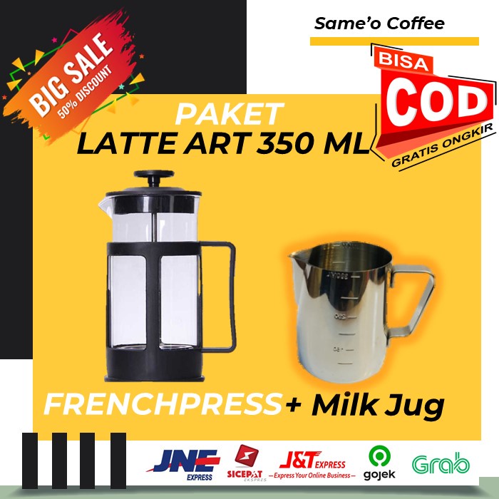 PAKET STAINLESS MILK JUG 350 ml + FRENCH PRESS / COFFEE PRESS DUOLVQI HITAM - LATTE ART