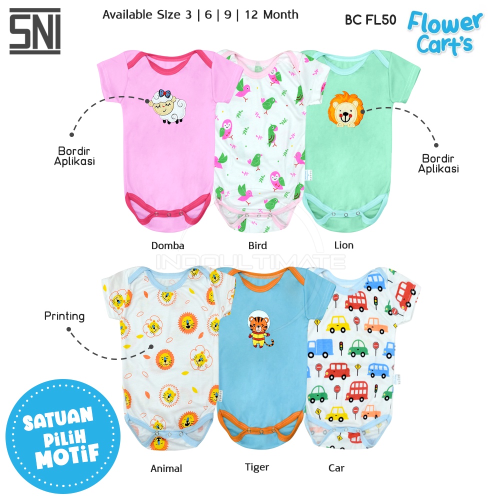 SNI 0-1th PILIH MOTIF Baju Jumper Kaos Bordir Bayi Lengan Tangan Pendek BC-FL50 Jumsuit sleepsuit bodysuit playsuit singlet newborn Perempuan Laki-Laki Baru lahir hampers kado perlengkapan perlak piyama bayi murah