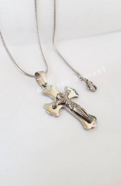 Kalung fashion import salib Jesus titanium white Antikarat bestseller ST06