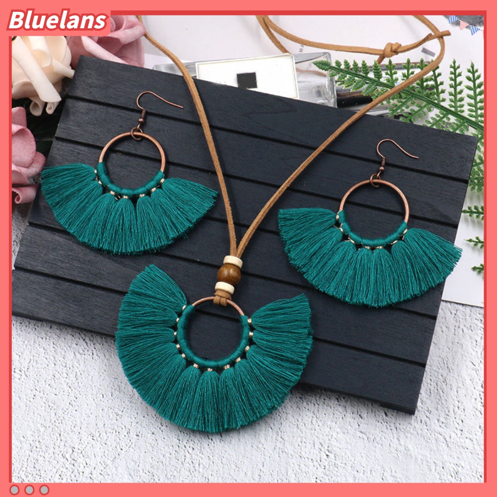 Set Perhiasan Kalung Tali Rumbai Liontin Bulat Gaya Bohemian Untuk Wanita