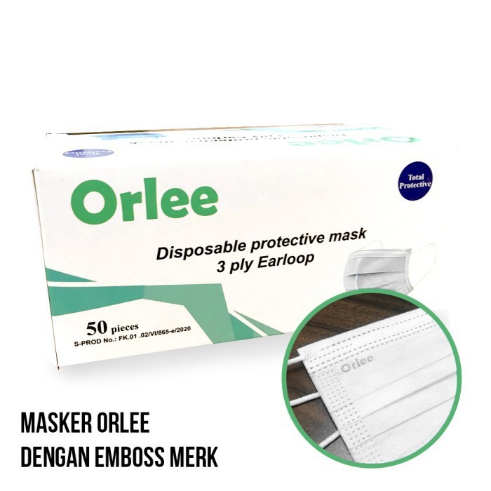 Masker 3 ply putih White Orlee Medis Earloop Kemenkes 50 pcs