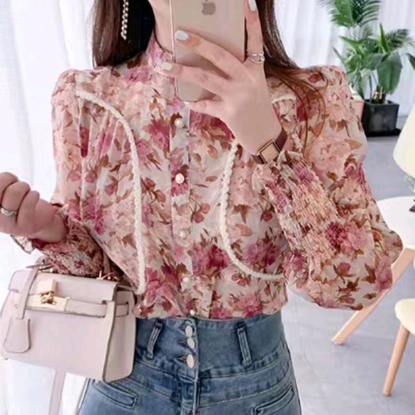 2091 Baju atasan kemeja blouse smocked Sleeve lengan panjang motif bunga Korean style wanita import 