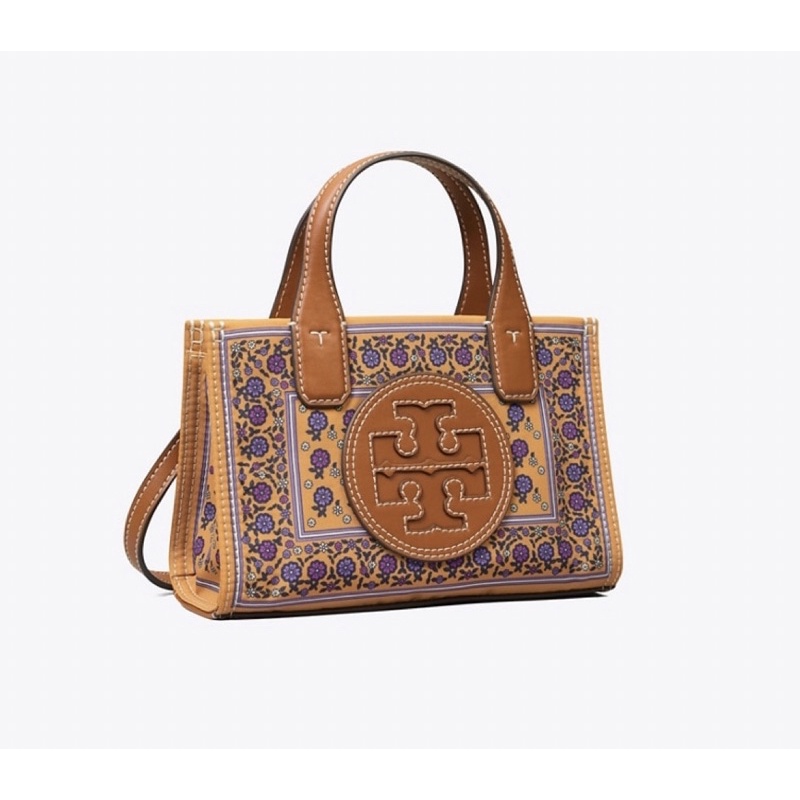 TORY BURCH ELLA PRINTED MINI MICRO TOTE BAG Brown Floral Daisy Border