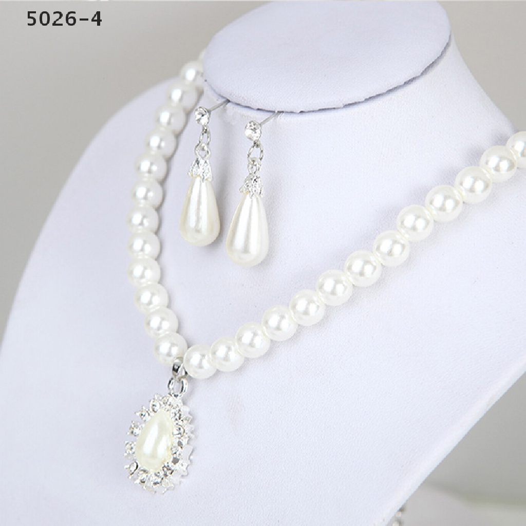 5026-4 Elegant Pearl Crystal Drop Earrings Chain Necklace Wedding Party Jewelry Set 5026-4