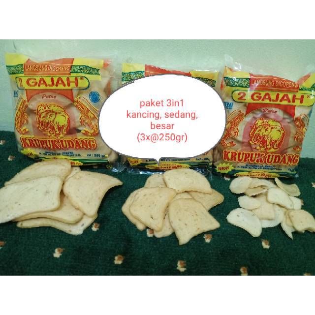 

Paket hemat/krupuk udang 2 gajah putra (kancing,sedang, besar) 3x250gr