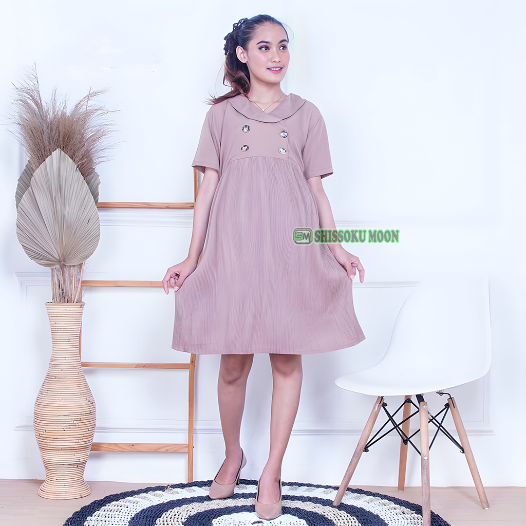 Baju Dress Hamil Model Plisket Bahan Shakilla