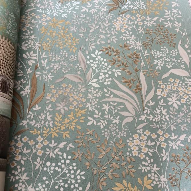 wallpaper Korea motif bunga vintage hijau cream Terbaru