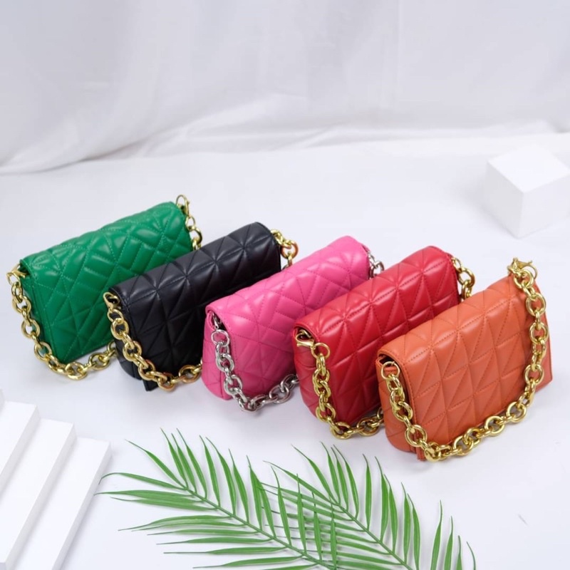 Tas Bahu Kulit Rantai Wanita ZR Leather Chain Shoulder Bag Premium Import Hitam Black Merah Red Hija