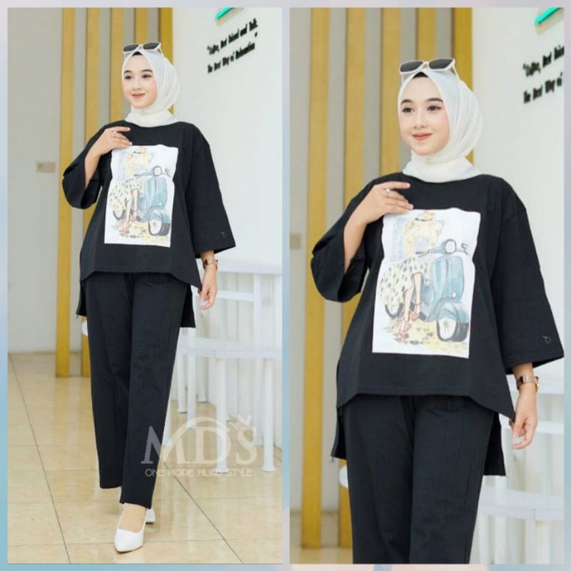 SCOOTER SET Bahan Kaos Katun Combed 24S Aplikasi Sablon ( Atasan + Bawahan Celana ) Setelan Wanita K