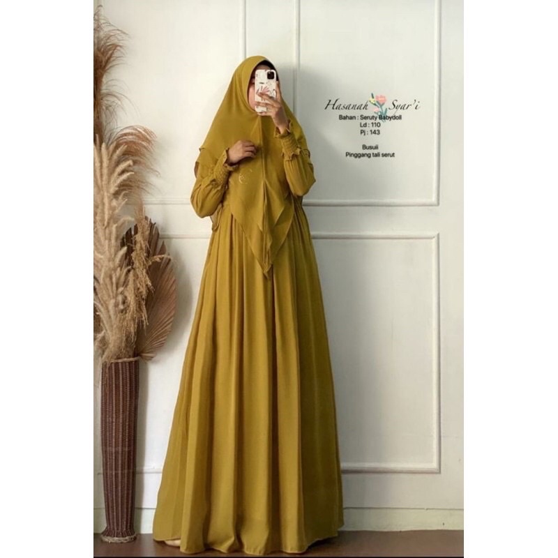 Gamis syari hasanah bahan ceruty baby doll premium full furing / busui / resleting-Hijau Lime