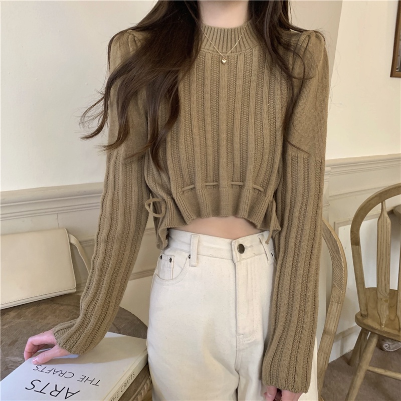 Korean Sweater Crop Top Polos Wanita Lengan Panjang