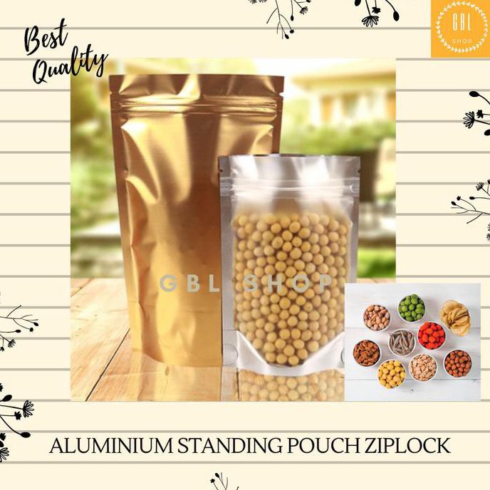 ALUMINIUM FOIL STANDING POUCH ZIPLOCK KEMASAN PLASTIK KLIP 15X23 GOLD