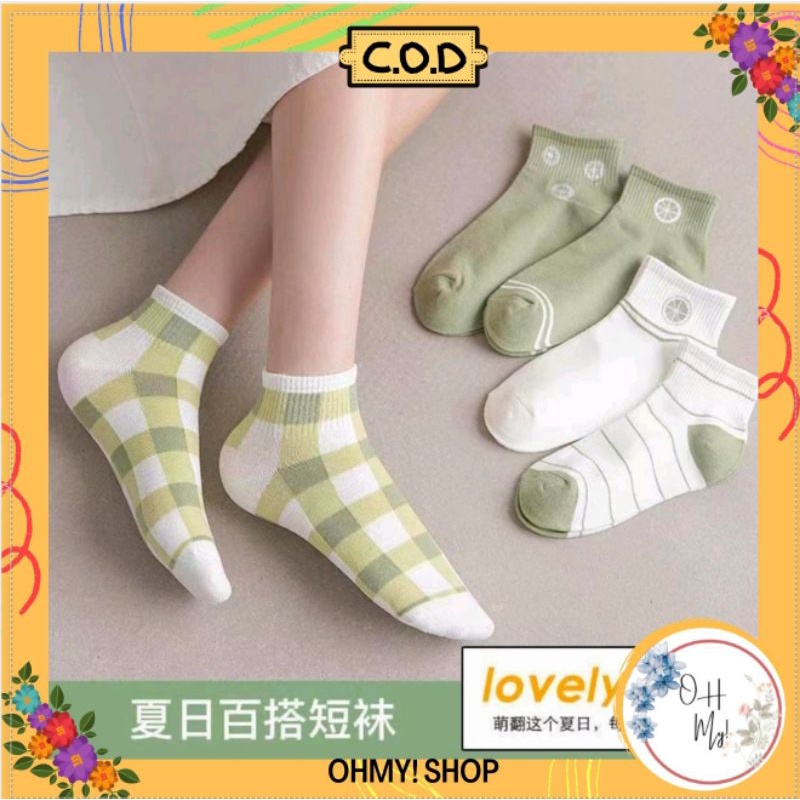 [ COD ] Kaos Kaki Wanita Motif Lemon Pendek Semata Kaki Lucu Hijau Lumut Korea Style Women Sock Import / Kaos Kaki Wanita Pendek Motif Kotak Garis-3
