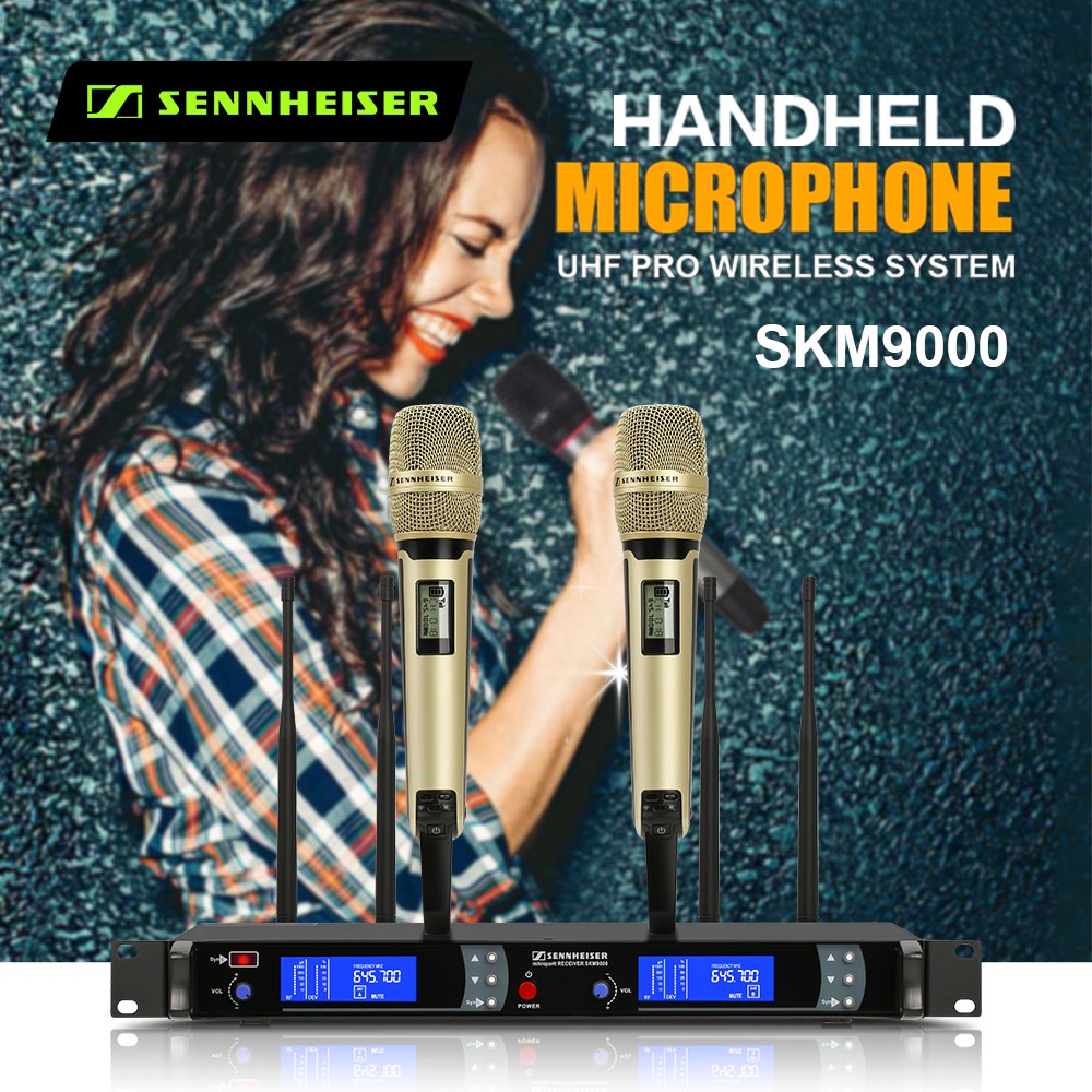 NEW BAXS SKM9000 Mikrofon Nirkabel Satu untuk Dua 2 Mikrofon Genggam UHF True Diversity 4 Antena Jarak Penerimaan 400M UHF FM KTV Bar Party Band Performance Menggunakan Peralatan Audio Profesional asli