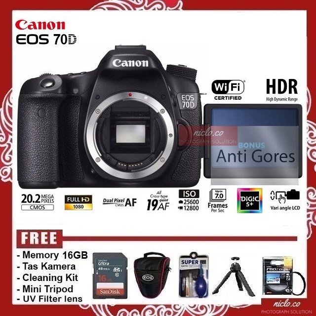 [NEW] KAMERA EOS CANON 70D Body Only (BO) Wifi - GARANSI 1 TAHUN - FREE ACCESORIES CAMERA DSLR VLOG 