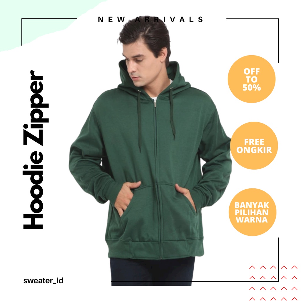 SWEATER_ID Hoodie Zipper Polos Hijau Lumut / Resleting Hijau Botol Unisex