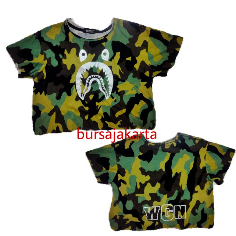 T Shirt Kaos Wanita Katun Crop Top Oversize Motif Loreng Army Tentara Bape Camo