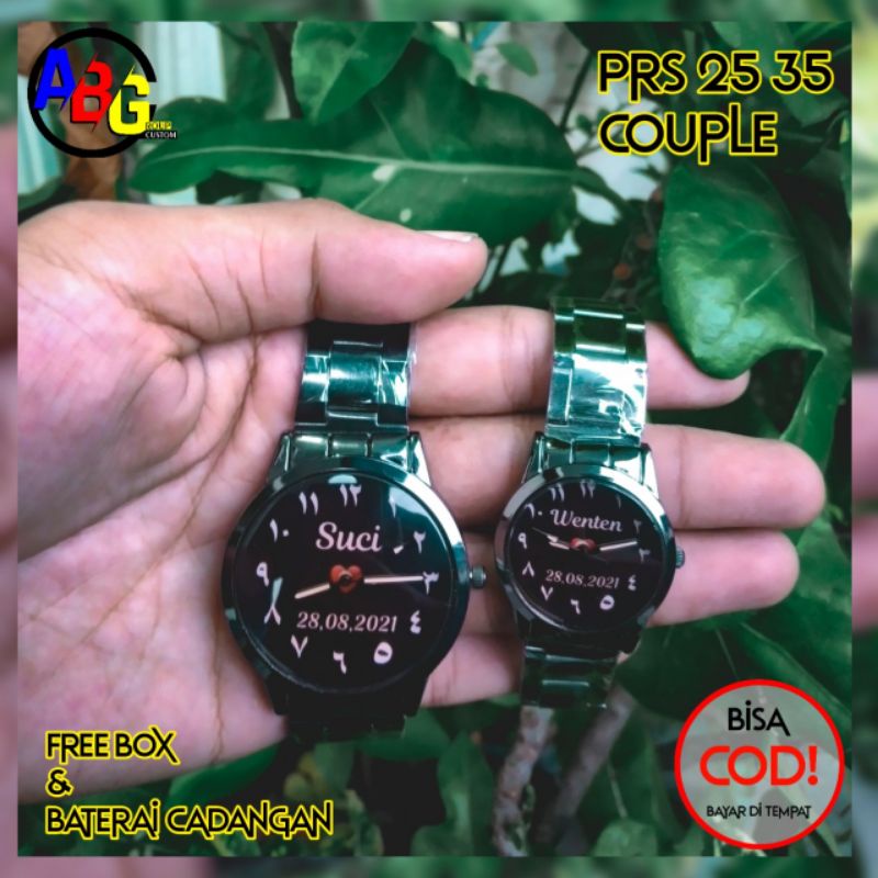 JAM TANGAN COUPLE CUSTOM BISA REQUEST DESAIN BONUS BOX DAN BATRAI CADANGAN