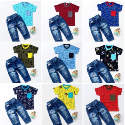 LittleAaron SET BRYAN FLAG EBV Setelan Kemeja Bayi Laki-laki Lengan Pendek celana jeans