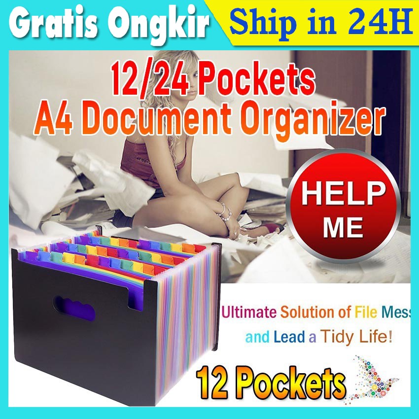 

【Dikirim Dlm 24jam】12/24 Pockets Expanding File Folder A4 Map Document Organizer Holder Works Accordion Office