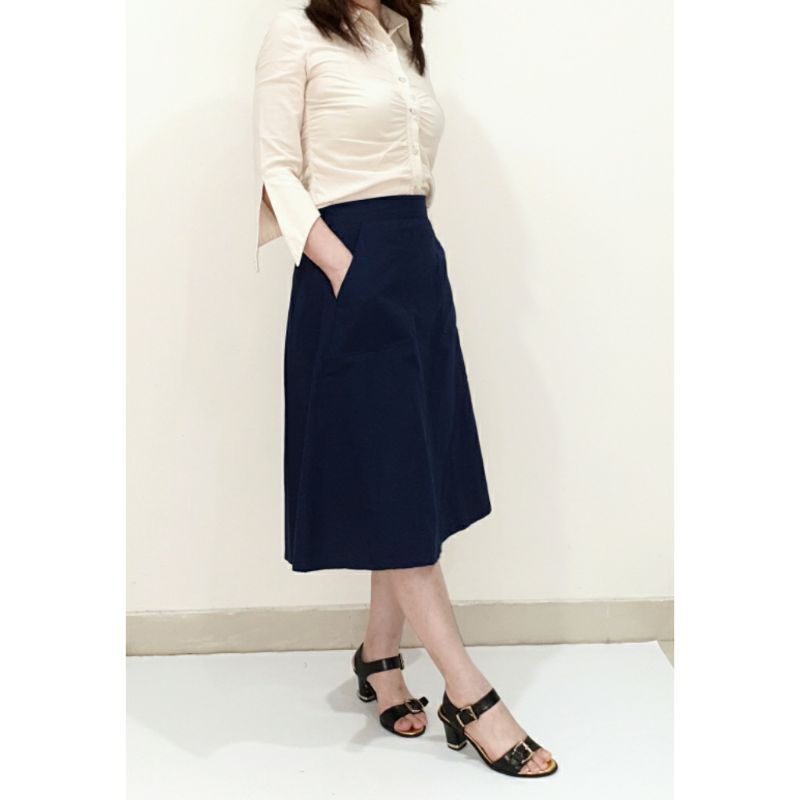 Rok Wanita Midi Skirt Katun Polos Model A Line Panjang 7/8, Alena Skirt#-7