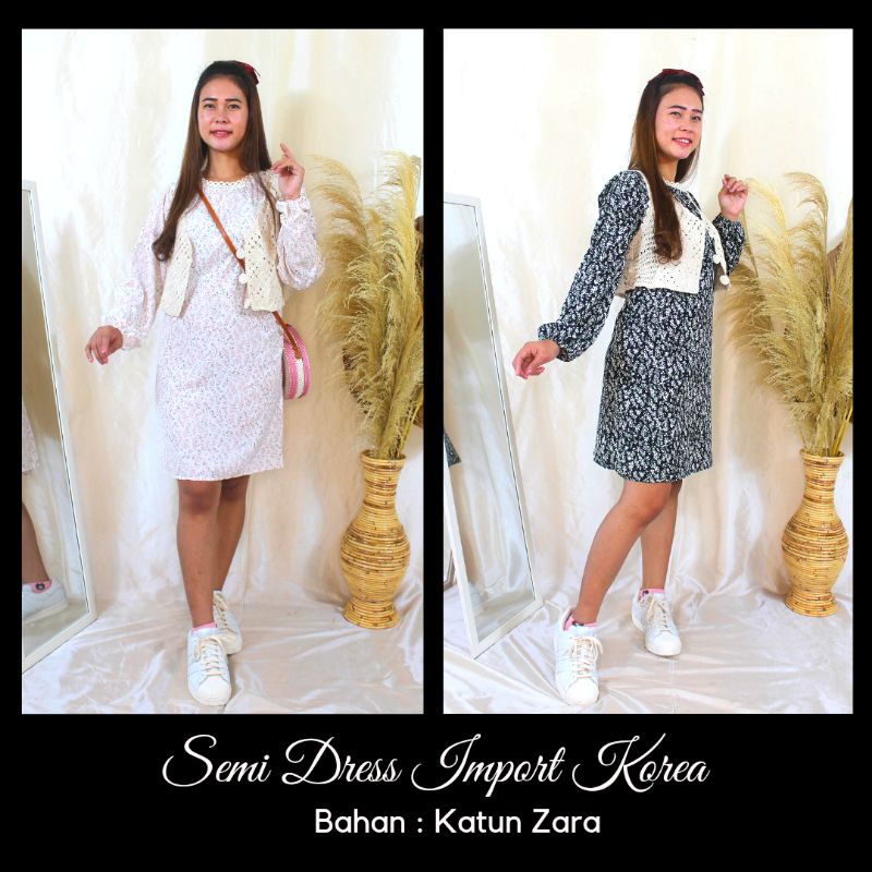 Dress Korea Modern Vintage Motif Floral Bunga Bonus Rompi Rajut Bahan Katun Zara Tunik Murah Terbaru