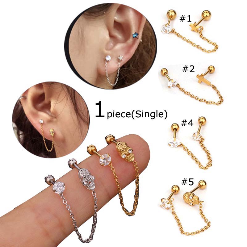 1pc Anting Rantai Menjuntai Bentuk Bintang Tengkorak Salib Bahan Stainless Steel