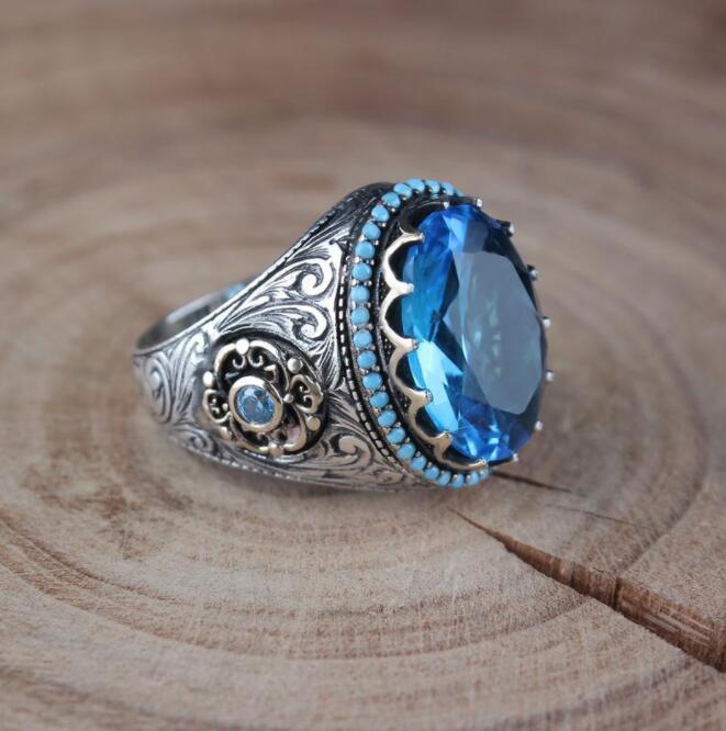 Cincin Kawin Pria Fashion Perhiasan Safir Kristal Berlian Biru Baja Titanium Perak Antik Silver Rings