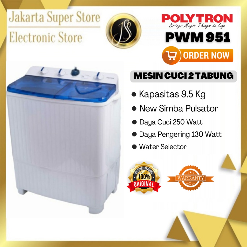 POLYTRON MESIN CUCI 2 TABUNG 9.5 KG PWM-951