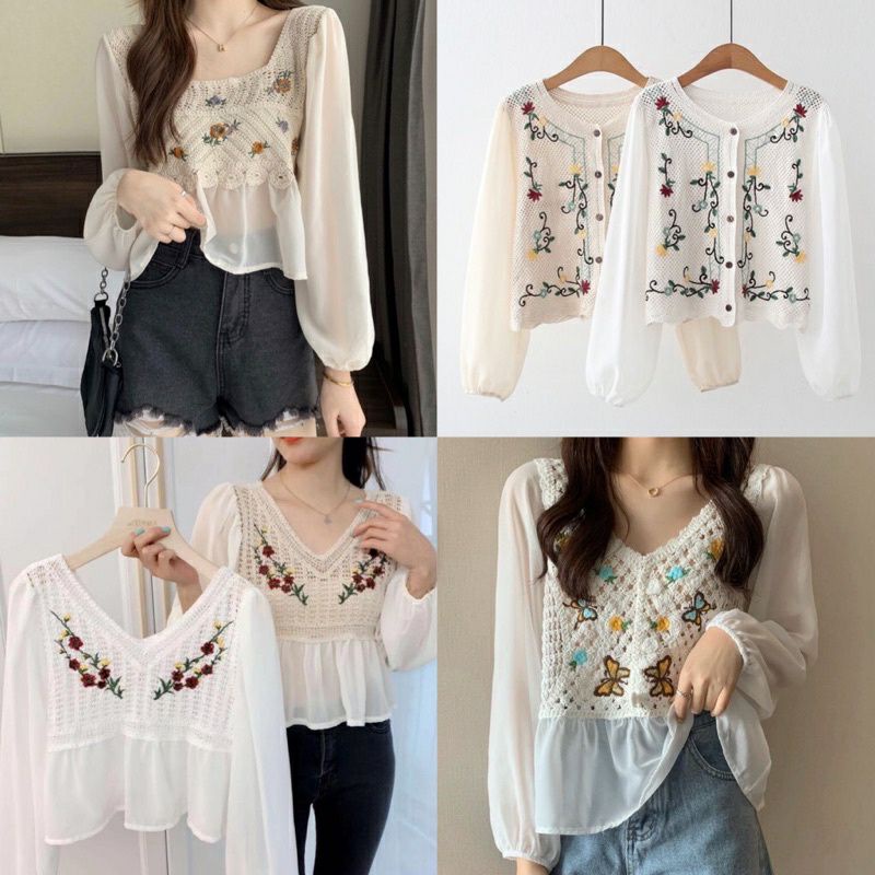 하나 Ha-Na Lace Blouse Korean Style Top Rajut Knit Bordir Sifon Import Premium