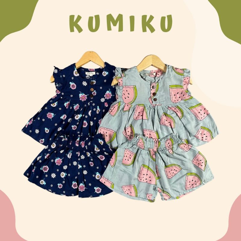 Setelan Anak Perempuan Kumiku Bahan Katun Rayon Usia 2-5th/ One Set Pendek Anak Perempuan