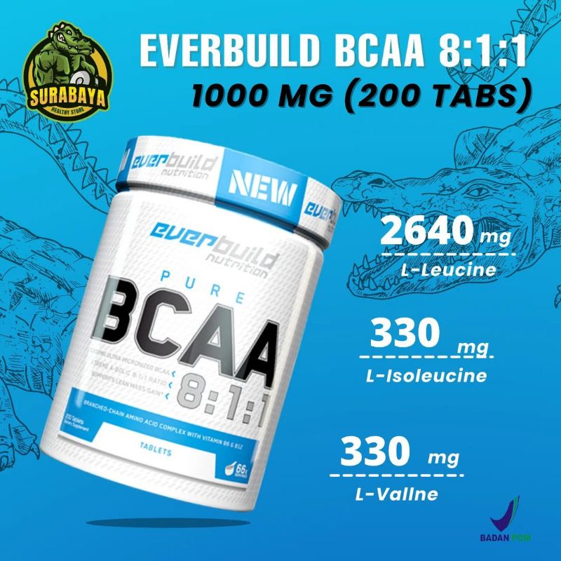 EverBuild Pure BCAA 200 Tablet 1000 Mg Ever Build Nutrition Suplemen Fitnes Gym Amino Esensial Fitness Not Protein Whey Isolate Mutant ON Optimum Nutrisi Otot