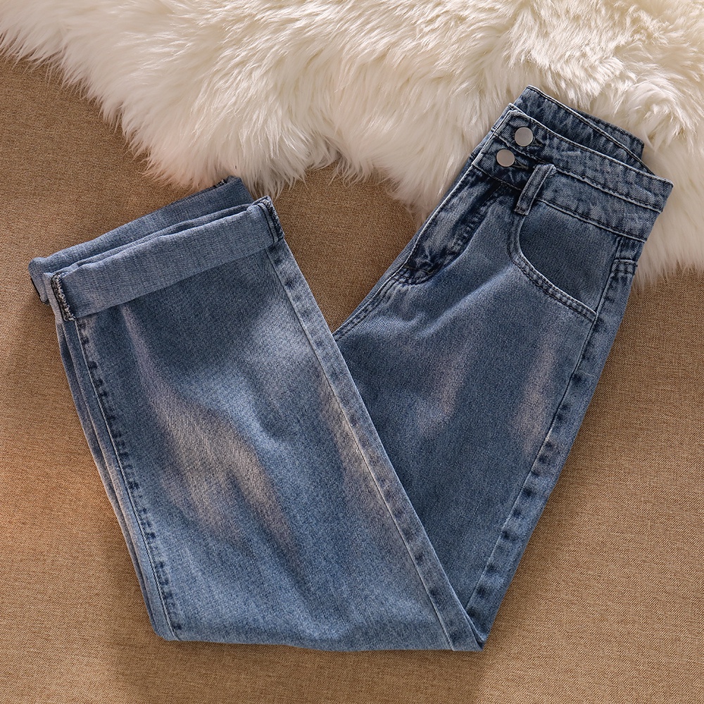 Korean Style Celana Jeans Wanita/High Waist Loose Straight Biru Jeans