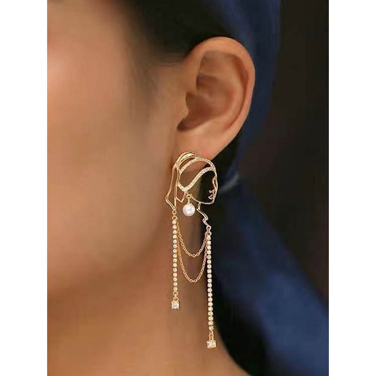 Fancyqube Anting Tusuk Gantung Panjang S925 Wanita Desain Potret Rantai Hias Mutiara Kristal