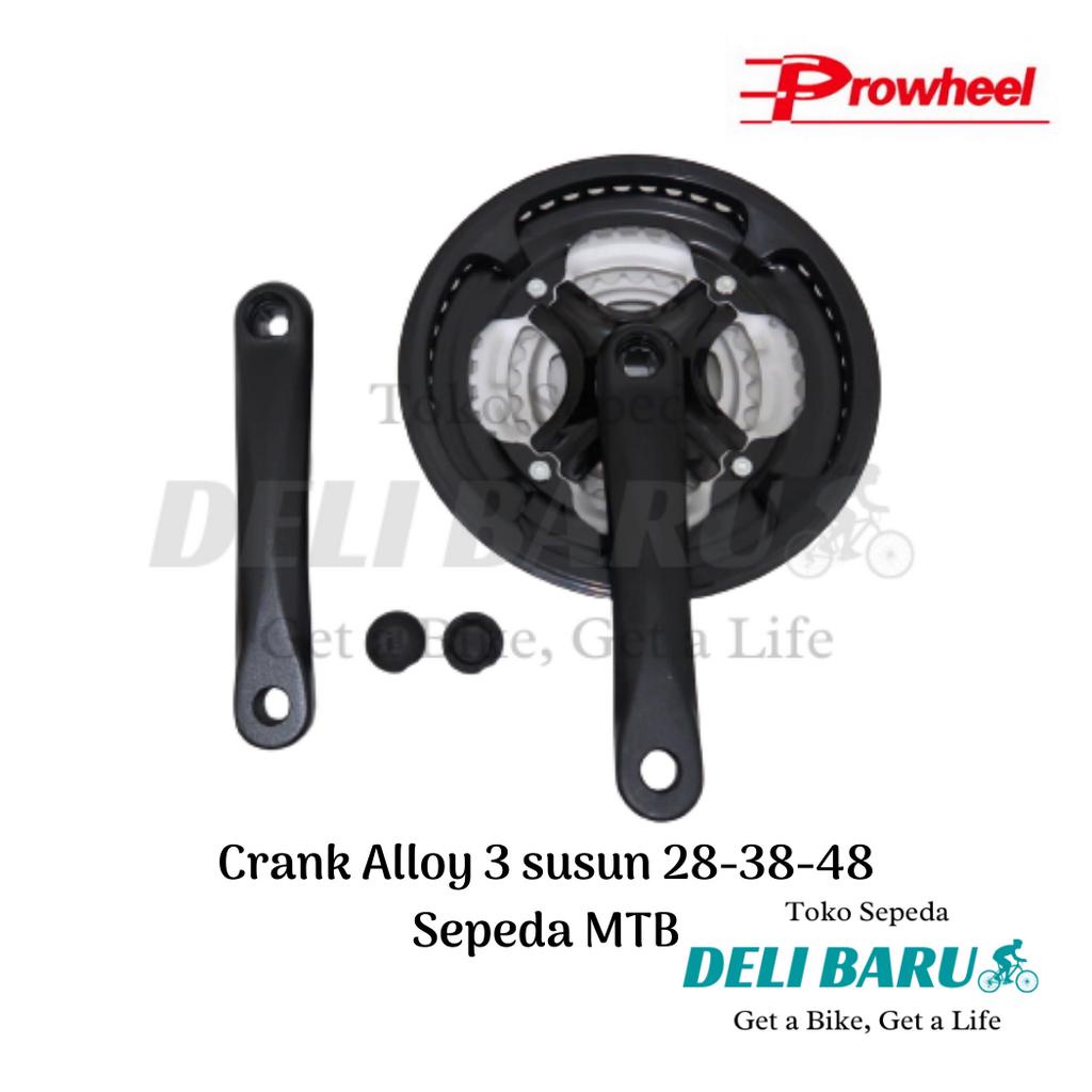 Prowheel Crank 3 susun alloy hitam silver 28 38 48T sepeda MTB