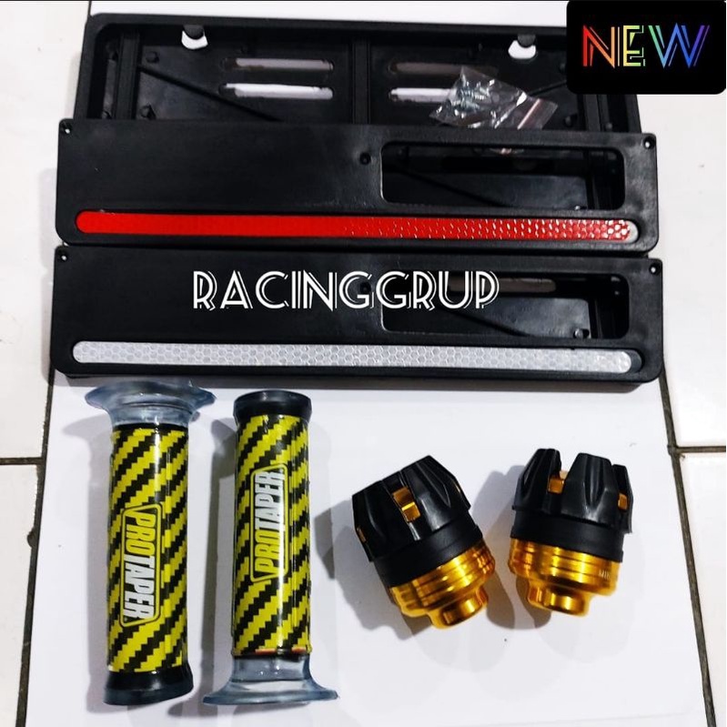 Paket Variasi Motor Handgrip Carbon + Jalu As Roda Depan + Dudukan Plat Nomor List Warna / Emas