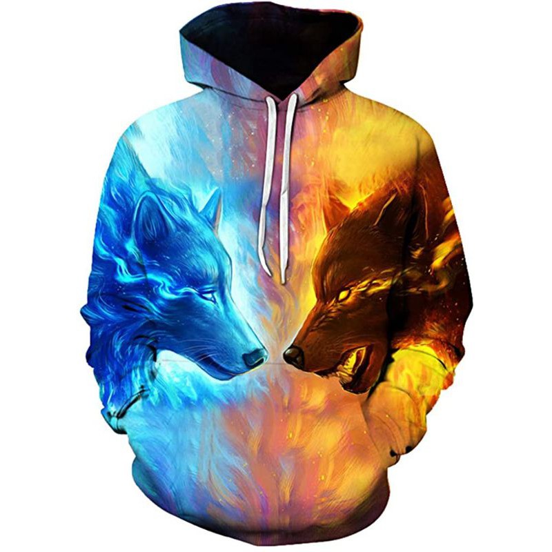 Jaket Hoodie 3D Wolf ice - Fire Hoodie - Size L