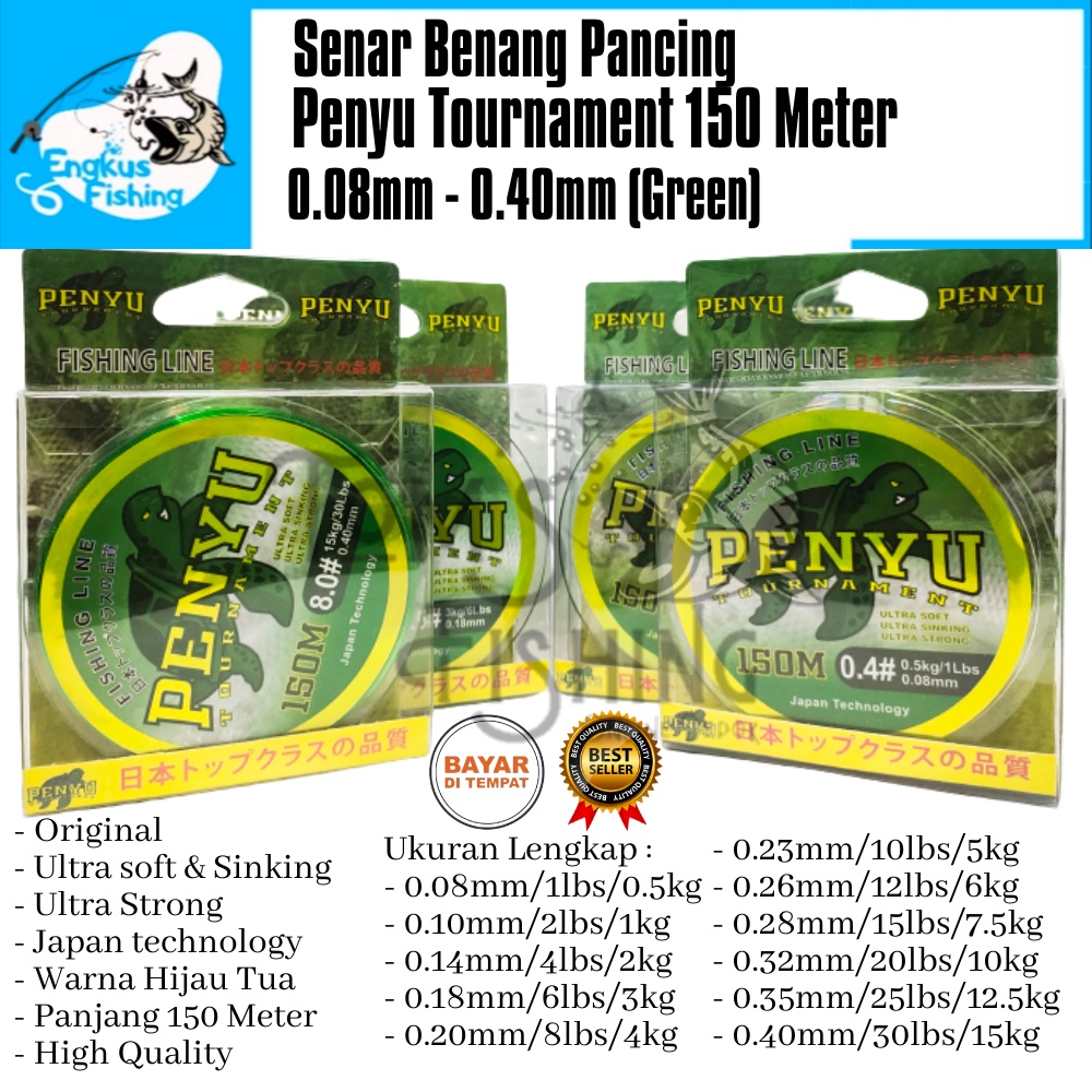 Senar Benang Tali Pancing Penyu Tournament 150 Meter Green (0.18mm-0.40mm) Hijau Tua Kuat &amp; Murah - Engkus Fishing