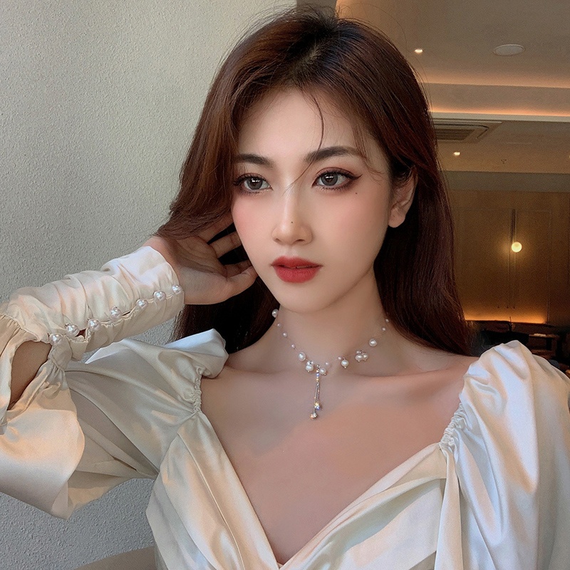 Kalung Choker Rantai Klavikula Hias Liontin Mutiara Kristal Gaya Korea