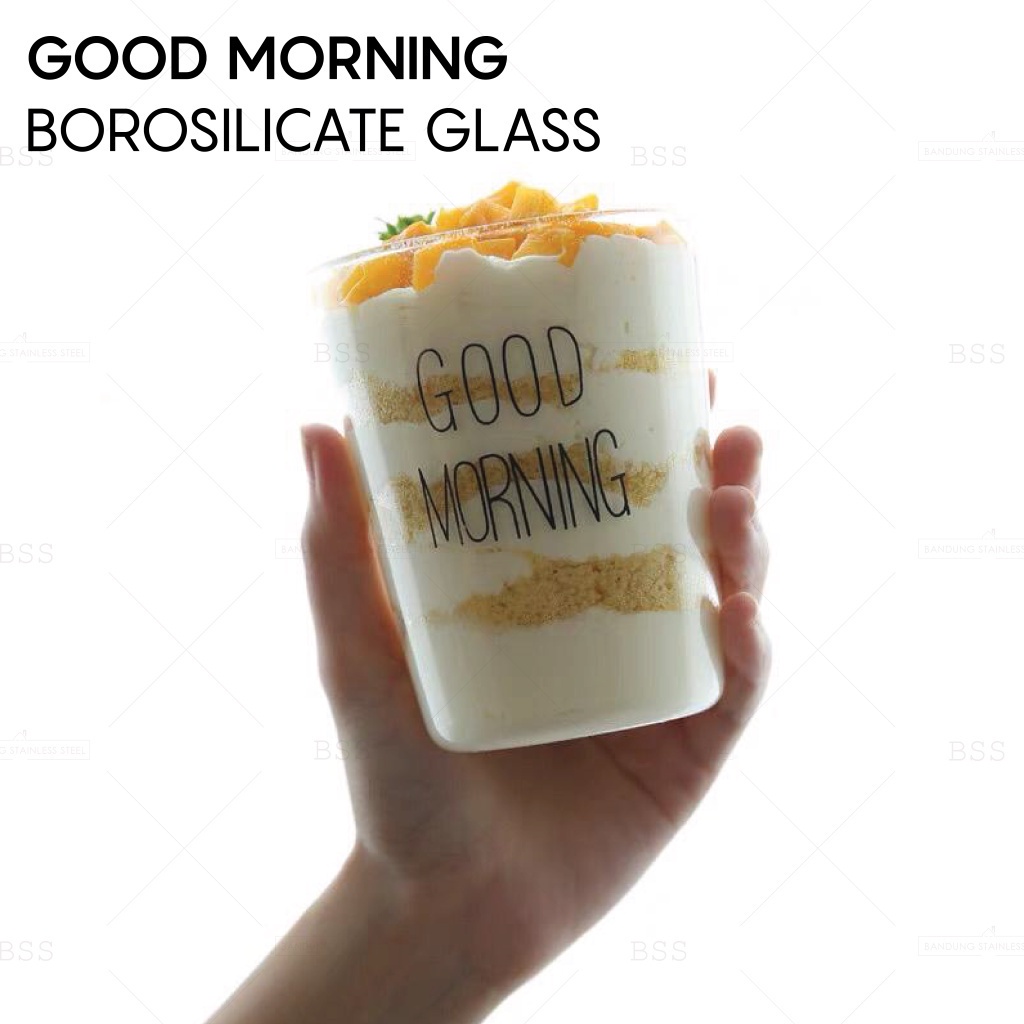 Gelas Kaca Borosilicate 450ML Juice Jus Susu Kopi Good Morning Simple Cangkir Air Minum Glass Cantik Unik