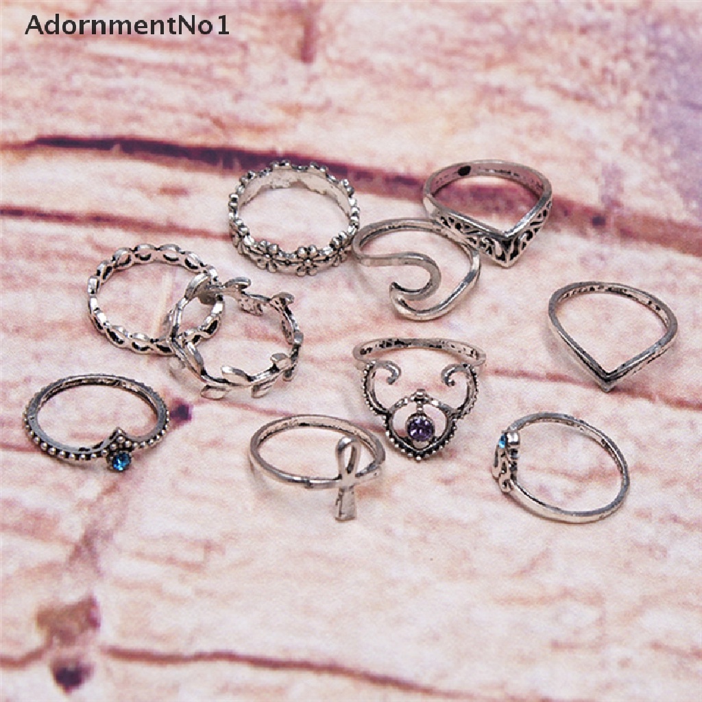 (AdornmentNo1) 10pcs / Set Cincin Knuckle Desain Daun / Geometri / Infinity Hollow Hias Kristal Gaya Unik Untuk Wanita