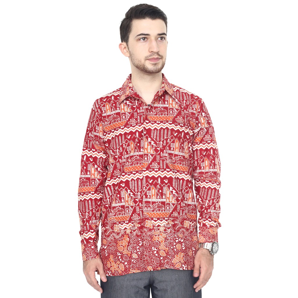 Kemeja Batik Asli Pria Lampung Merah M5 Zallatra